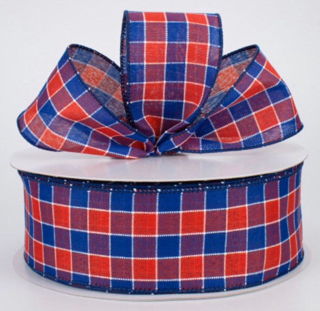 2.5” Stitched Check Ribbon: Red & Blue (5 Yards)