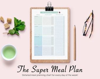 Super Meal Planner  Printable - Daily Planner | Meal Chart | Shopping List | Blue Meal Plan | Cooking Printable | Meal Printable | Detailed