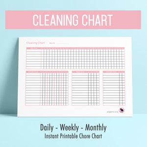 May include: Printable cleaning chart with sections for daily, weekly, and monthly chores. The chart has a pink and black color scheme and includes a space to write the month.
