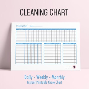 May include: A printable cleaning chart with sections for daily, weekly, and monthly chores. The chart has a blue border and is designed for easy use.