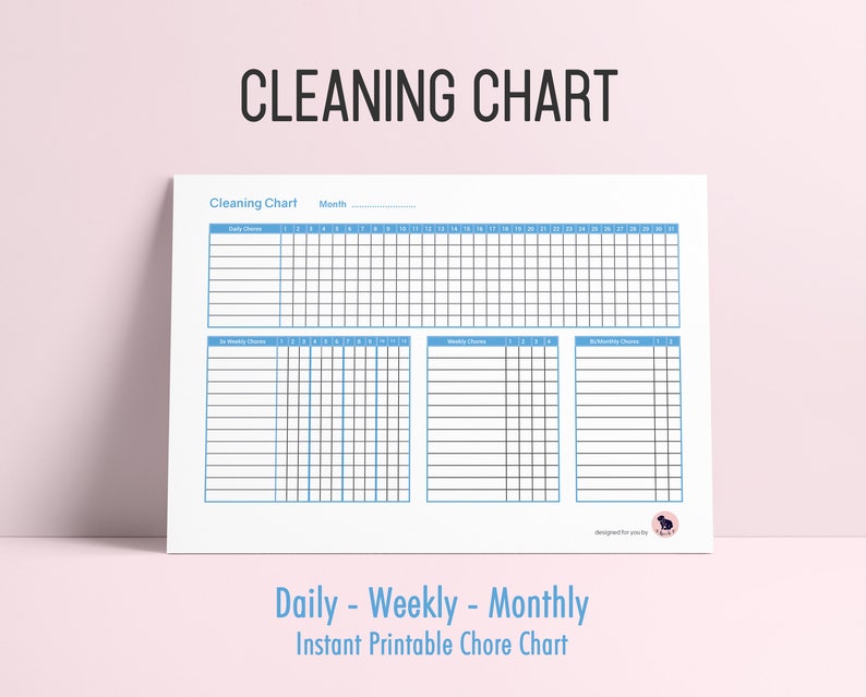 May include: A printable cleaning chart with sections for daily, weekly, and monthly chores. The chart has a blue border and is designed for easy use.