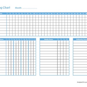 May include: A printable cleaning chart with a light blue header and black lines. The chart is divided into four sections: Daily Chores, 3x Weekly Chores, Weekly Chores, and Bi-Monthly Chores. Each section has a grid with numbered columns representing days of the month.