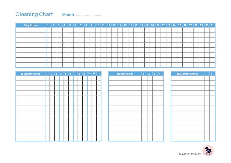 May include: A printable cleaning chart with a light blue header and black lines. The chart is divided into four sections: Daily Chores, 3x Weekly Chores, Weekly Chores, and Bi-Monthly Chores. Each section has a grid with numbered columns representing days of the month.