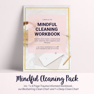 May include: A pink and gold digital download product cover for a mindful cleaning workbook. The cover features a cup of coffee and a phone with a pen. The text on the cover reads "Linus & Co. Mindful Cleaning Workbook. Explore and create a relationship with cleaning that supports your lifestyle! 6-A6 Page Workbook Filled with Prompts and Activities. Mindful Cleaning Pack. Inc. 1 x 6 Page Trauma Informed Workbook, our Bestselling Clean Chart and 1 x Deep Clean Chart"