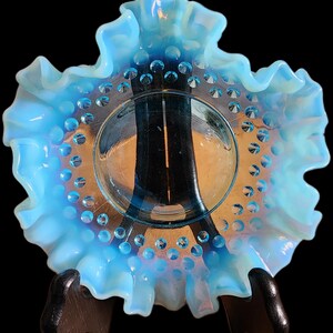Vintage Fenton Bon Bon Dish, Opalescent Blue Hobnail Ruffle Glass
