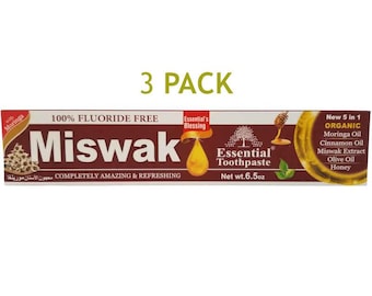 Essential Palace - Organic Miswak Toothpaste - Great For Teeth and Gums - Fluoride Free - Vegetable Base - 5 IN 1 - 6.5 OZ - 3 Pack