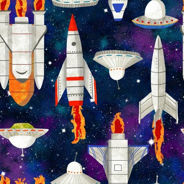 Lost In Space cotton fabric Blank Textiles - quilting rocket shuttle galaxy stars craft