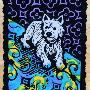 Westie - Hand Colored by Anita Hagan - Original Linocut / Linoleum Block Print with Acrylic on Kozo Paper