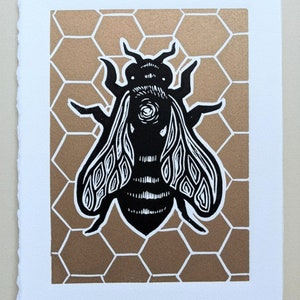 Honeybee by Anita Hagan - Original Linocut / Linoleum Block Print on Rives Paper