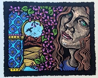 She Dreams of the Atlas Mountains autorstwa Anity Hagan - Oryginalny linoryt / druk linorytniczy z akrylem na papierze Kozo