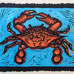 Crab by Anita Hagan - Original Linocut / Linoleum Block Print with Acrylic on Kozo Paper