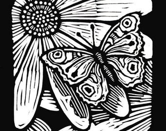 Moth with Sunflower by Anita Hagan - Original Linocut / Linoleum Block Print on Paper