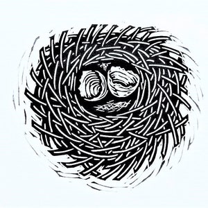 Nest by Anita Hagan - Impressão original em bloco de linogravura / linóleo em papel - sem moldura