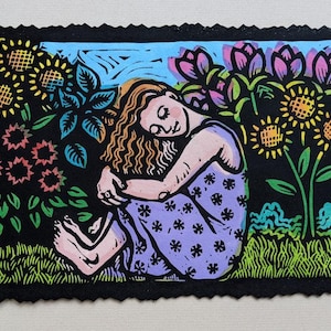 Girl in the Garden by Anita Hagan - Original Linocut / Linoleum Block Print with Acrylic on Kozo Paper