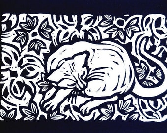 Sleeping Cat by Anita Hagan - Original Linocut / Linoleum Block Print on Paper - Block Print - Unframed