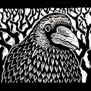 Winter Raven by Anita Hagan - Original Linocut / Linoleum Block Print on Paper - Unframed
