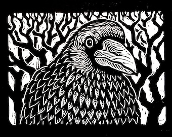 Winter Raven by Anita Hagan - Original Linocut / Linoleum Block Print on Paper - Unframed