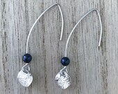 Pipa Earrings - Navy - Polished Rhodium Plated pull through earrings, Swarovski Pearl, and a textured Polished Rhodium Plated coin pendant