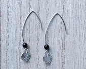 Pipa Earrings - Black - Polished Rhodium Plated pull through earrings, Swarovski Pearl, and a textured Polished Rhodium Plated coin pendant