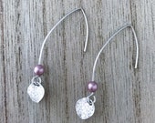 Pipa Earrings - Pink - Polished Rhodium Plated pull through earrings, Swarovski Pearl, and a textured Polished Rhodium Plated coin pendant