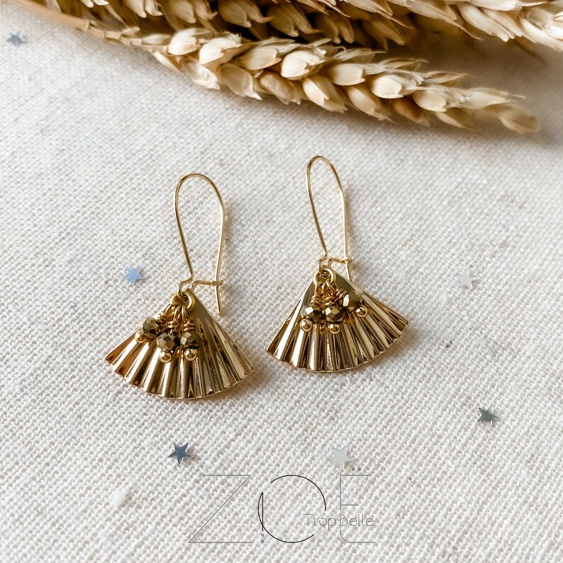 Gold-Plated earrings Zuri Earrings Fan Charm Folded Fan Triangle earrings Gold-Plated over copper Czech Beads Faceted Czech Beads