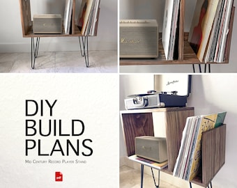 May include: DIY build plans for a mid-century record player stand. The plans include instructions for building a wooden stand with a shelf for a record player and two shelves for vinyl records. The stand has hairpin legs.
