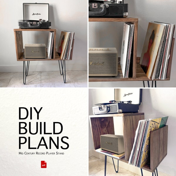 MCM Record Player Stand Build Plans, DIY Turntable Table Plans, Mid Century Modern Vinyl Record Player Furniture Plan, Vinyl Record Storage