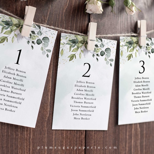 table place setting cards template Wedding Seating Chart Cards Sign with Boho Greenery Eucalyptus Leaves • DIY Printable, Instant Download • PS337-10