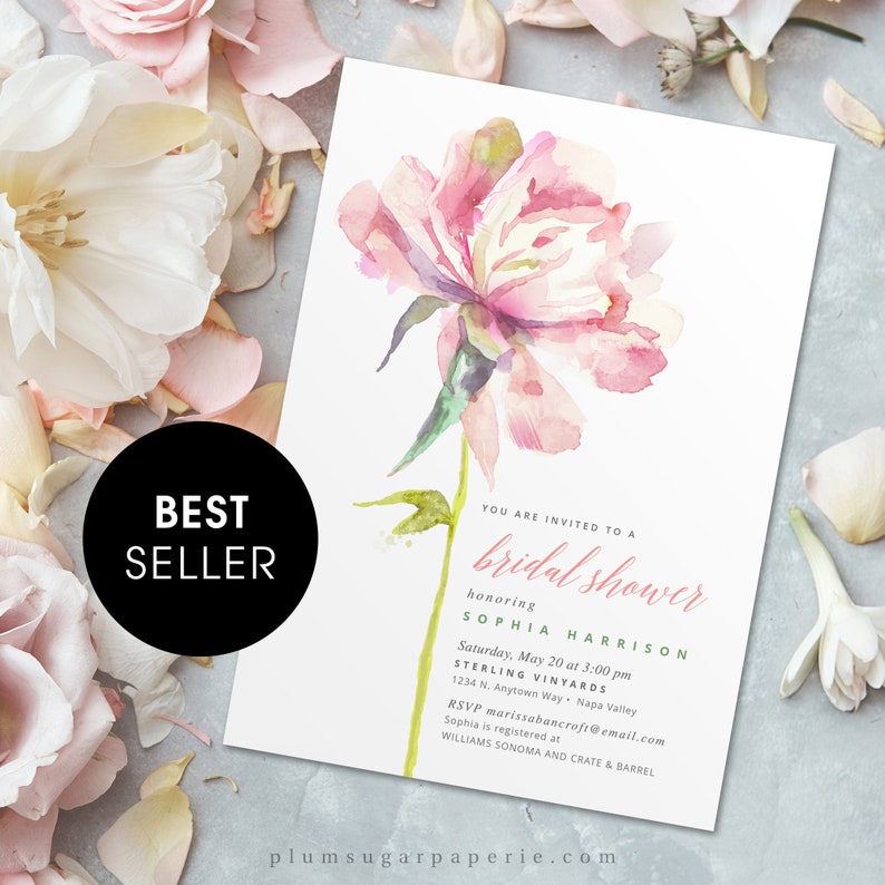 Bridal Shower Invitation Template with Hand-Painted Pink Watercolor Floral, DIY Editable, Instant Download • 'SOPHIA' • PS302-01 