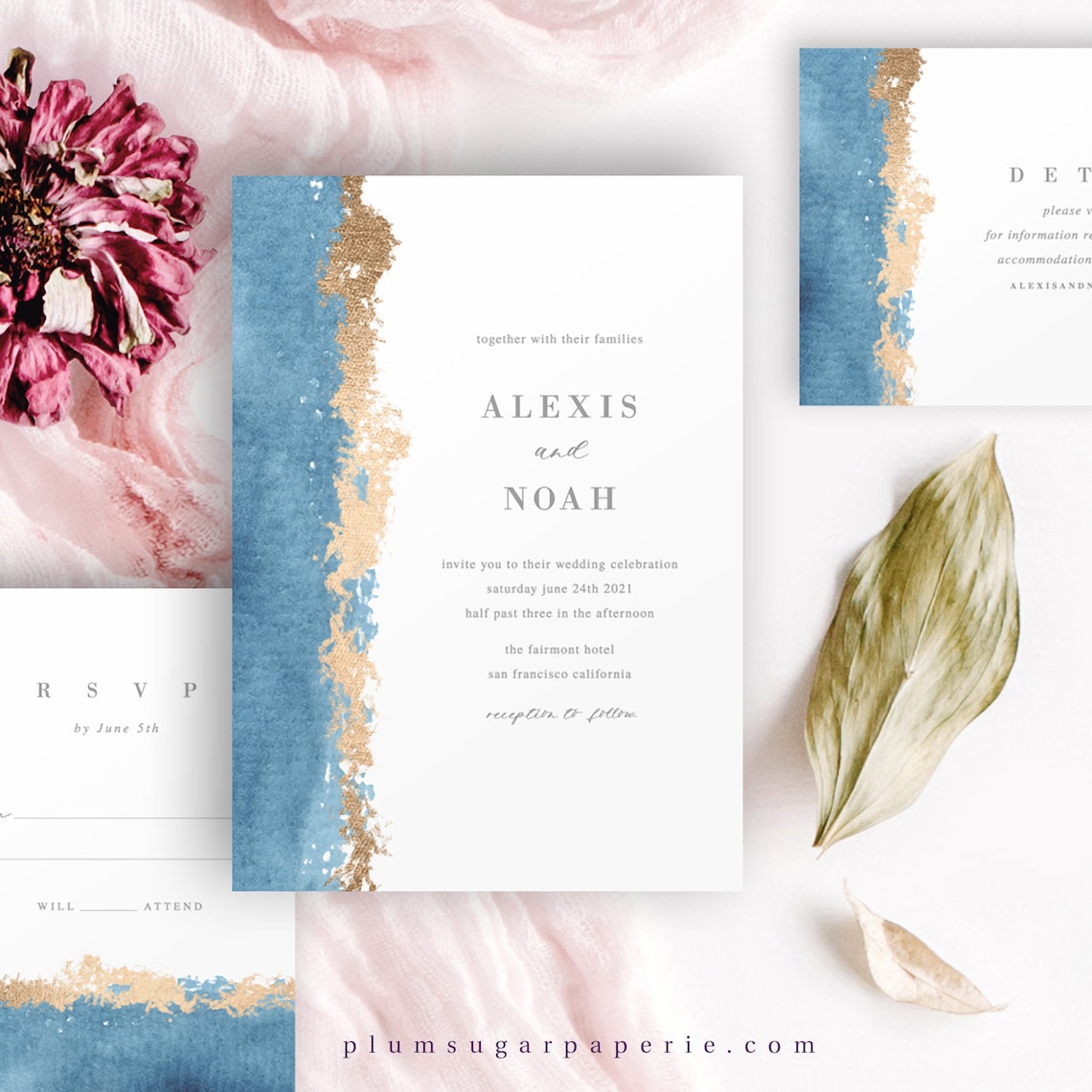 Light Blue Watercolor Wedding Invitation Set Printable with image 1