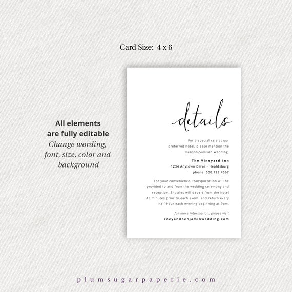 Modern Minimalist Simple Wedding Invitation Details Card Etsy
