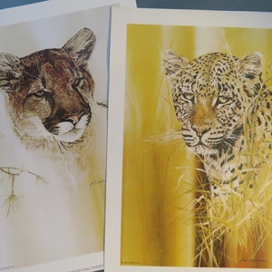 2 Vintage lithograph prints art ''Cougar'' and ''Leopard'' by Phil Prentice - 1974 Donald Art Co.- Litho in U.S.A.