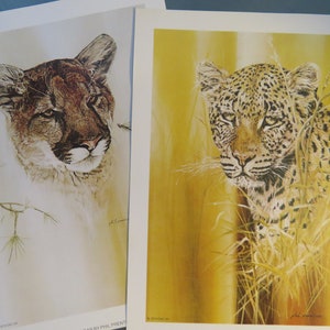 May include: Two framed animal prints. The left print features a close-up of a brown and white cougar's face. The right print features a close-up of a leopard's face with a yellow background.