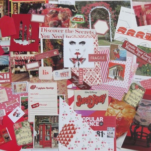 RED lot of 65 pages/cuts ephemera paper scraps and new prints for crafting, journaling, altered art or card making