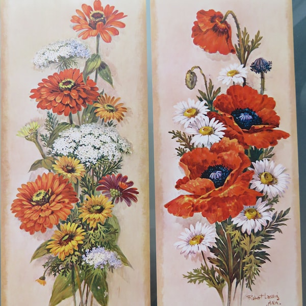 2 Vintage lithographs prints by Robert Laessig A.N.A., beautiful poppy/marigold flowers bouquets/for home decoration/ Litho in USA