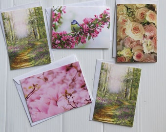 Lot of 5 any occasion, no message vintage note cards with envelopes/Nature theme note cards