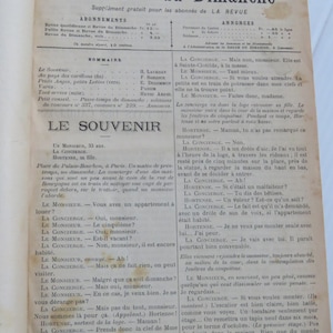 May include: A black and white newspaper clipping from La Revue du Dimanche, a French publication, dated January 5, 1902. The article is titled "Le Souvenir" and tells the story of a man looking for an apartment to rent. The text includes dialogue between the man and the concierge.