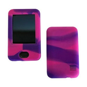 May include: Two silicone cases for a small electronic device. The cases are pink and purple with a swirl pattern. One case has a screen protector and a button on the side. The other case has a speaker grill on the back.