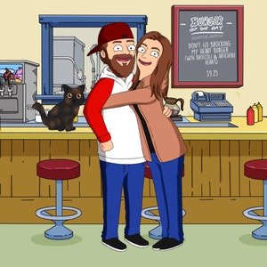 Retrato de Bobs Burgers, retrato de Bob Burg, casal, namorado, presente, dia dos namorados, retrato de família, presente de pai para namorado, retrato de desenho animado