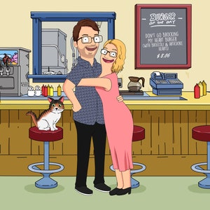 Bobs Burgers Retrato personalizado casal desenho dia dos namorados presente retrato Bobs Burg casal desenho animado presente de aniversário para namorado Bobs burg