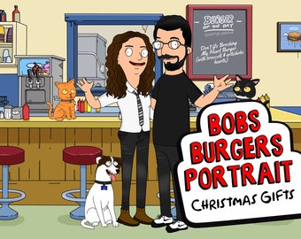 Portret Bobs Burgers na zamówienie: para, zwierzak, rysunek (pobranie cyfrowe)