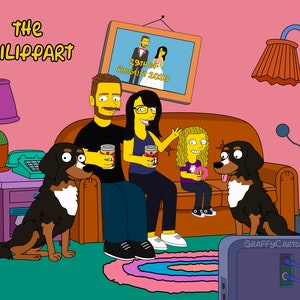 May include: A cartoon illustration of a family with two dogs watching television. The family is sitting on a brown couch in a living room with a pink wall. The family is made up of a man, a woman, and a girl. The man is wearing a blue shirt and the woman is wearing a yellow shirt. The girl is wearing a purple shirt. The dogs are black and white. The television is showing a cartoon image of a dog. The text "GRAFFYCARTOON" is visible on the television screen. The text "THE PHILLIPART" is visible on the wall. A framed picture with the text "29th of August 2020" is hanging on the wall.
