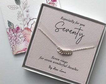 Necklace for 70th Birthday, seven rings for seven decades, Ring necklace stirling silver 925, 7 ring charm necklace, with gift box and card