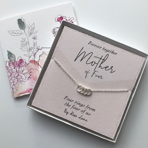Mother of four necklace, silver charm necklace, four rings charms for four children, Ring necklace stirling silver, 4 rings for 4 kids,