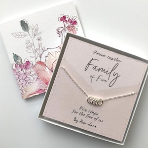 Famiglia di cinque collane charm, cinque anelli in argento stirling (925) charms per cinque membri della famiglia, 5 anelli per 5 famiglie, scatola regalo e carta regalo