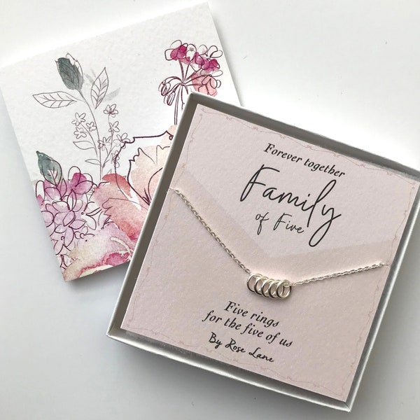 Family of five charm necklace,Five stirling silver ( 925 ) rings charms for five family members,5 rings for 5 family,gift box  and gift card