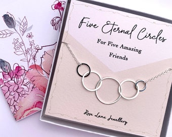 Five Friend necklace,linked circle friends necklace,stirling silver five connecting circle charm, Five interlocking circle, 5 friends gift