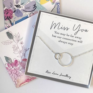 Travel miss you necklace,linked circle necklace,stirling silver oe 18ct Gold two connecting circle charm,living apart necklace.