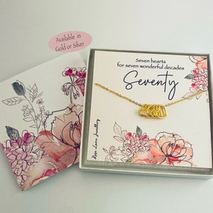 Collana per il 70° compleanno, sette cuori per sette decenni, collana a forma di cuore in argento Stirling 925 o oro, con scatola regalo e biglietto, regalo per il 70° compleanno