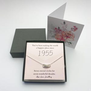 70er Geburtstag Kette,70er Jahre Geburtstag, 1955 Geburtstag, Sieben Ringe für sieben Jahrzehnte, 1955 Geburtstag, 70er Geburtstag, 18 Karat Gold / 925 Silber